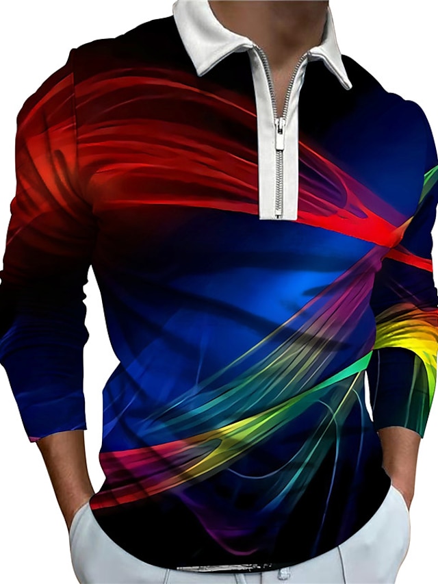  Men's Collar Polo Shirt Golf Shirt Zip Fashion Casual Breathable Long Sleeve Blue Linear 3D Print Collar Zip Outdoor Street Zipper 3D Print Clothing Clothes Fashion Casual Breathable