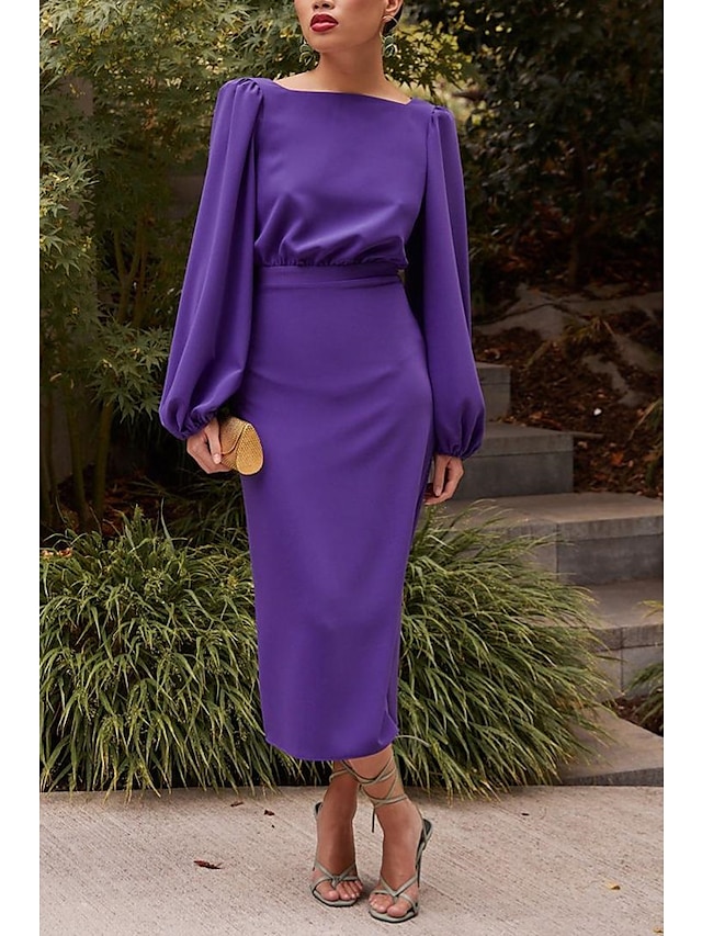  Sheath / Column Cocktail Dresses Elegant Dress Wedding Guest Party Wear Tea Length Long Sleeve Boat Neck Fall Wedding Guest Stretch Chiffon with Pure Color 2024
