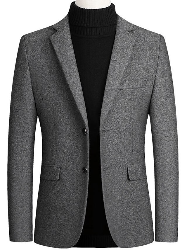  Men's Wool Coat Blazer Thermal Warm Breathable Work Business Daily Single Breasted Peaked Lapel Business Elegant Jacket Outerwear Solid Color Pocket Black Wine Navy Blue