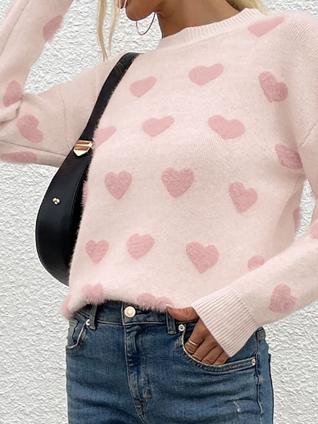 Womens Clothing Sweaters & Cardigans | Womens Sweater Pullover Jumper Knitted LOVE Heart Valentines DayGeometric Stylish Casual 