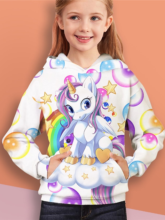  Kids Girls' Hoodie Long Sleeve White 3D Print Unicorn Animal Pocket Daily Indoor Outdoor Active Fashion Daily Sports 2-12 Years