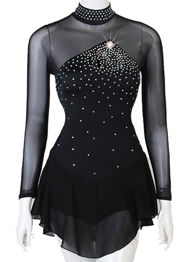  Figure Skating Dress Women's Girls' Ice Skating Dress Outfits Black Open Back Patchwork Mesh Spandex High Elasticity Practice Professional Competition Skating Wear Handmade Crystal / Rhinestone