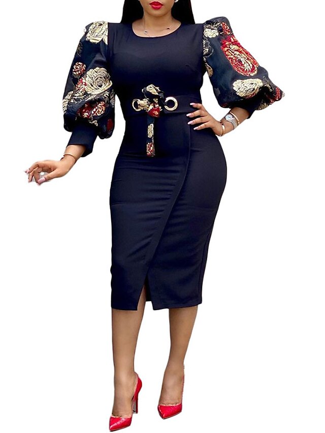 Womens Clothing Plus Size Collection | Womens Plus Size Sheath Dress Floral Round Neck Split Lantern Sleeve Long Sleeve Fall Wor