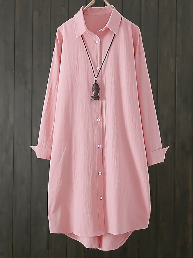 Women's Shirt Blouse Cotton Plain White Pink Blue Button Long Sleeve ...