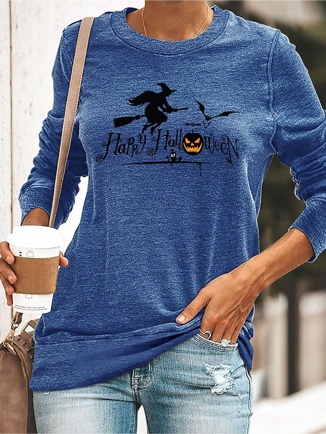 Womens Clothing Womens Tops | Womens Halloween Weekend Painting T shirt Tee Text Witch Long Sleeve Print Round Neck Basic Hallow