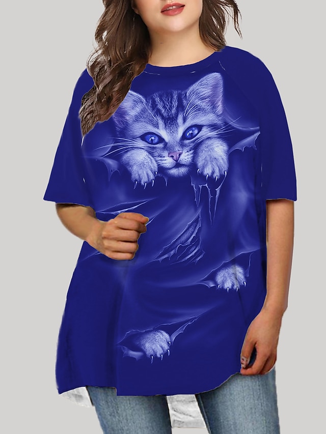 Womens Clothing Plus Size Collection | Womens Plus Size T Shirt Dress Tee Dress Cat Round Neck Print Half Sleeve Fall Spring Bas