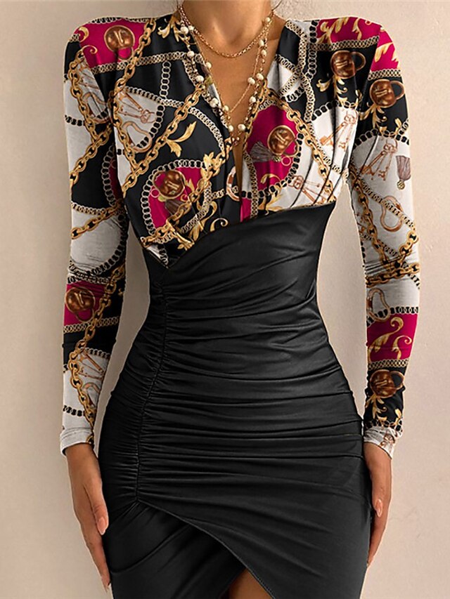 Womens Clothing Womens Dresses | Womens Sheath Dress Short Mini Dress Black Wine Light Brown Khaki Red Beige Long Sleeve Print S