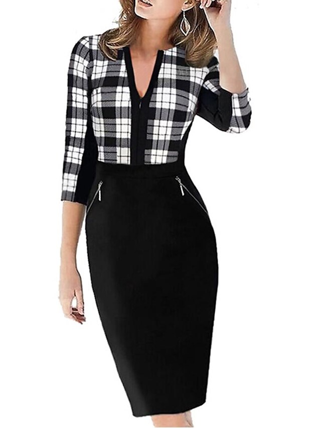 Womens Clothing Womens Dresses | Womens Sheath Dress Knee Length Dress Black Gray Light Blue 3/4 Length Sleeve Houndstooth Pocke