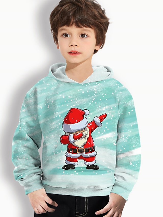  Kids Boys' Christmas Hoodie Long Sleeve Light Blue 3D Print Santa Claus Daily Indoor Outdoor Active Fashion Daily Sports 3-12 Years