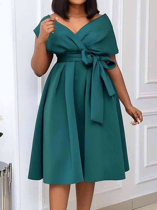 Womens Clothing Plus Size Collection | Womens Plus Size Black Dress Solid Color V Neck Short Sleeve Fall Formal Prom Dress Knee 