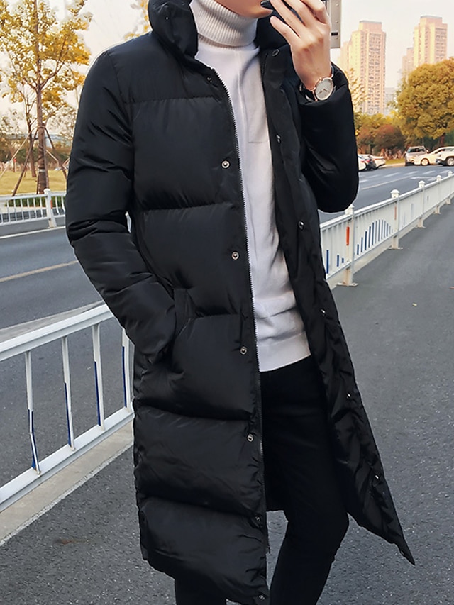  Men's Winter Coat Puffer Jacket Padded Thick Outdoor Street Daily Long Streetwear Casual Warm Breathable Winter Solid Color Black Puffer Jacket