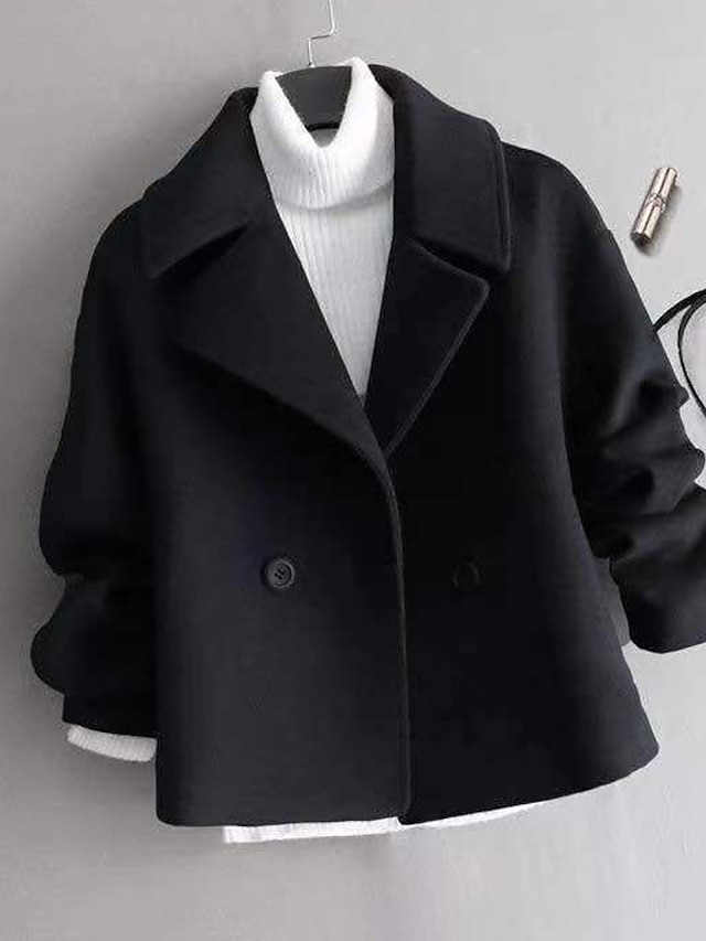  Women's Wool Blend Coat Witer Double Breasted Lapel Pea Coat Fall Crop Over Coat Windproof  Warm Jacket Long Sleeve Solid Color Black Beige