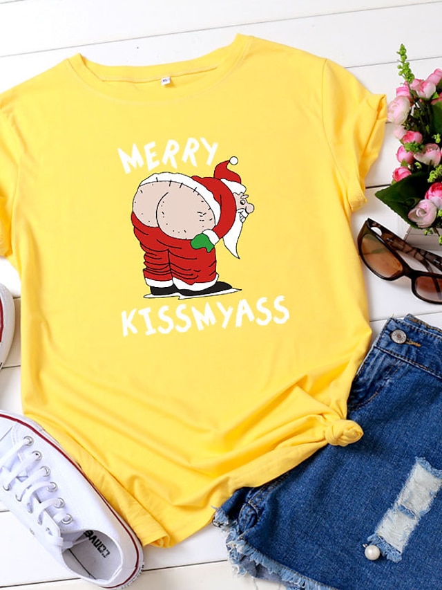 Womens Clothing Plus Size Collection | Womens Plus Size Tops T shirt Cartoon Letter Print Short Sleeve Crewneck Streetwear Festi