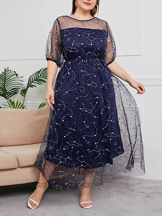 Womens Clothing Plus Size Collection | Womens Plus Size Party Dress Stars Round Neck Sequins Lantern Sleeve Short Sleeve Summer 