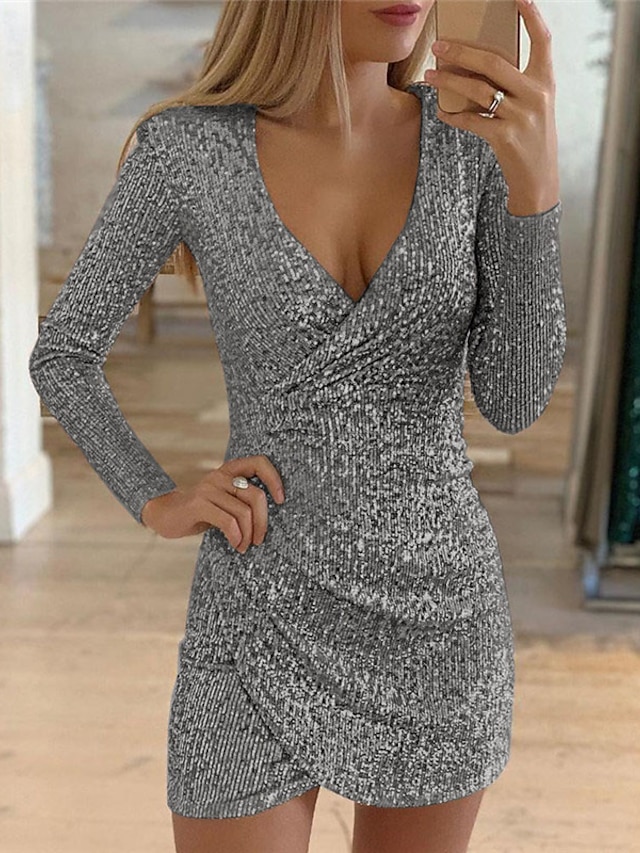 Womens Clothing Womens Dresses | Womens Sheath Dress Short Mini Dress Black Gray Silver Gold Long Sleeve Solid Color Sequins Ruc