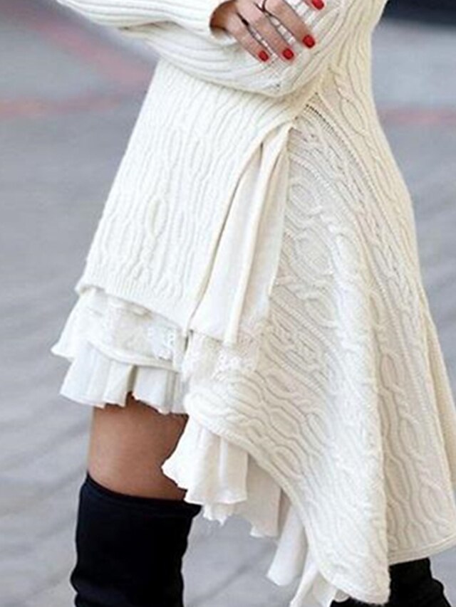  Women's Sweater Dress Winter Dress White Dress White Long Sleeve Pure Color Lace Layered Plus High Low Winter Fall Turtleneck High Neck Stylish Elegant Casual 2022 S M L XL XXL XXXL 4XL