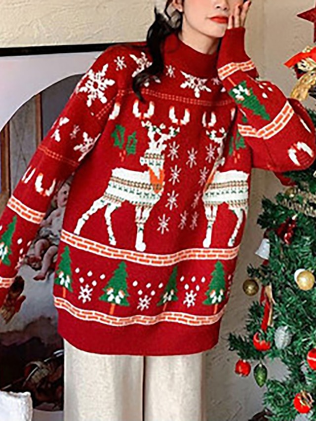  dam jultröja tröja ful tröja stickad djur snygg ledig mjuk långärmad tröja koftor rund hals höst vinter blå grön röd