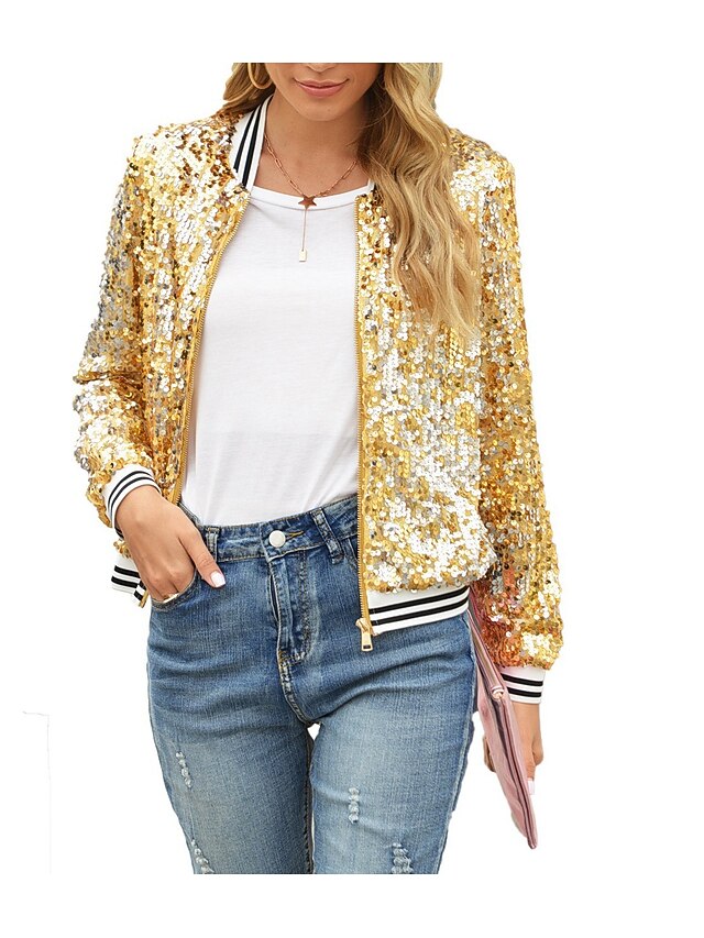 Women's Bomber Jacket Jacket Varsity Jacket Wedding Party Sport Spring Fall Regular Coat Regular Fit Windproof Warm Elegant Active Casual Jacket Long Sleeve Solid Color Sequin Sequins Blue Purple Gold 9
