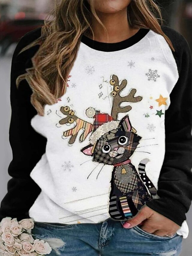 Womens Clothing Plus Size Collection | Womens Plus Size Tops Blouse Shirt Cat Deer Print Long Sleeve Crewneck Hoodie Streetwear 