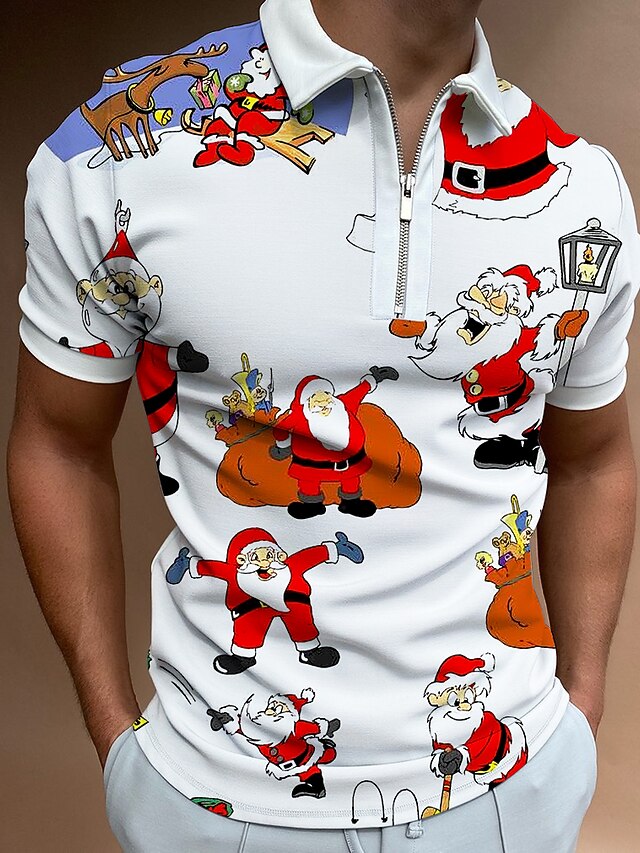 Men's Christmas Golf Shirt 3D Print Santa Claus Zipper Print Short