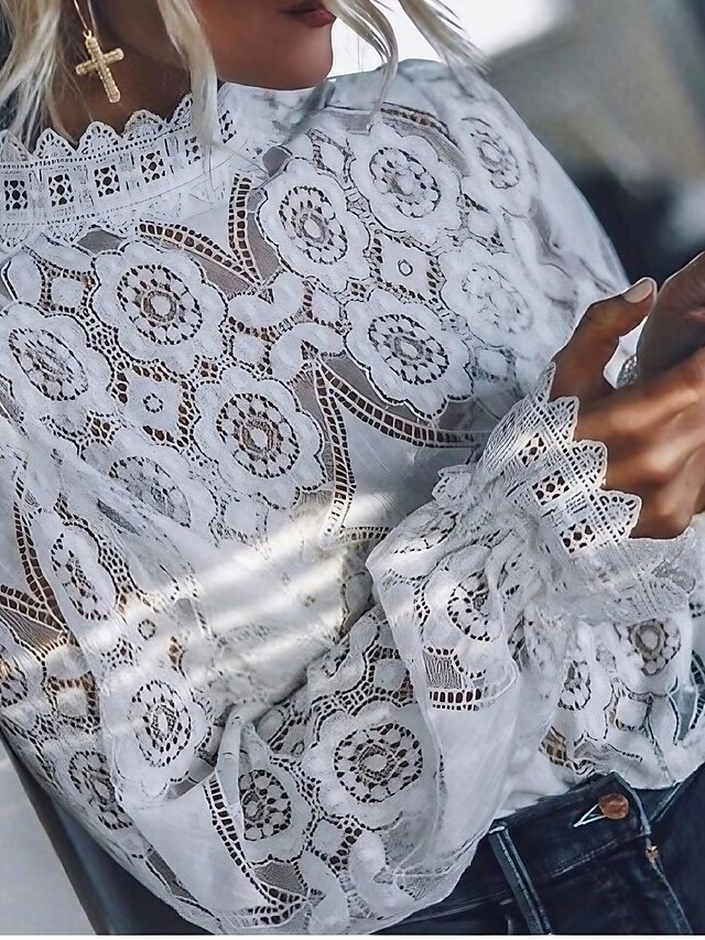 Women's Shirt Blouse Black White Plain See Through Long Sleeve Casual Daily Round Neck S 9