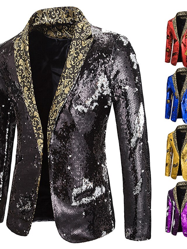 Mens Clothing Mens Outerwear | Mens Blazer Regular Sequins Pocket Coat Black Blue Purple Gold Red Casual Party Fall Single Breas