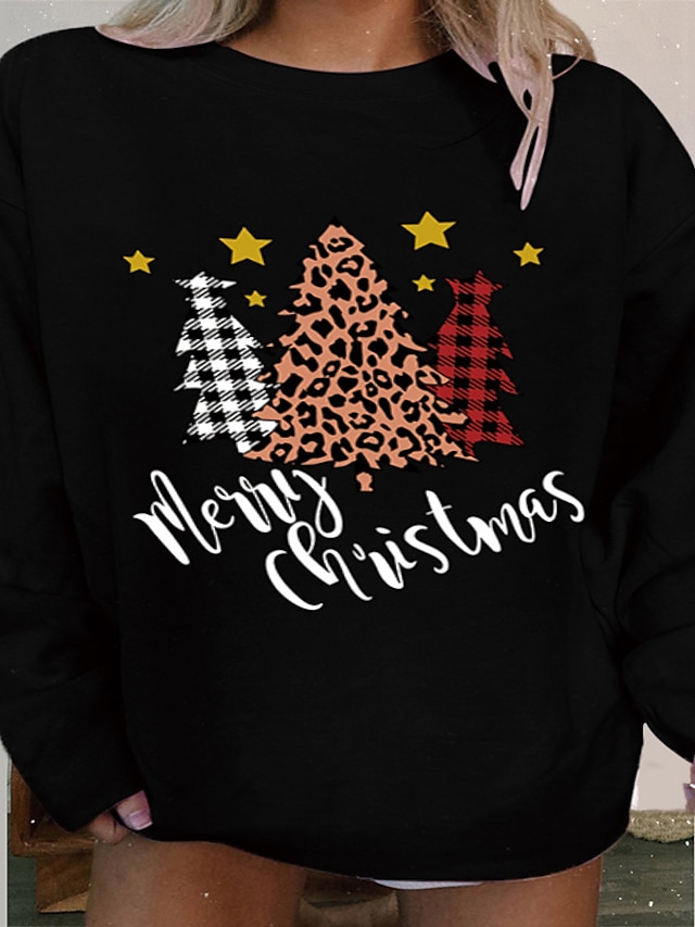 Womens Clothing Plus Size Collection | Womens Plus Size Tops Hoodie Pullover Hoodie Sweatshirt Tree Santa Claus Print Long Sleev