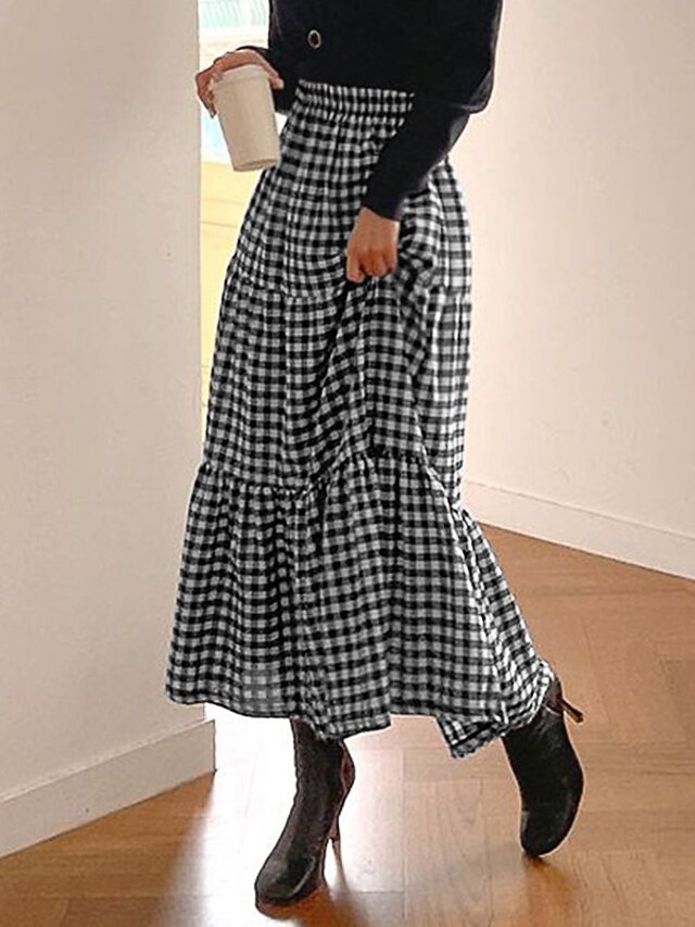 Womens Clothing Womens Bottoms | Womens Basic Swing Long Skirts Date Weekend Plaid Checkered Tartan Ruffle Black Red S M L / Max