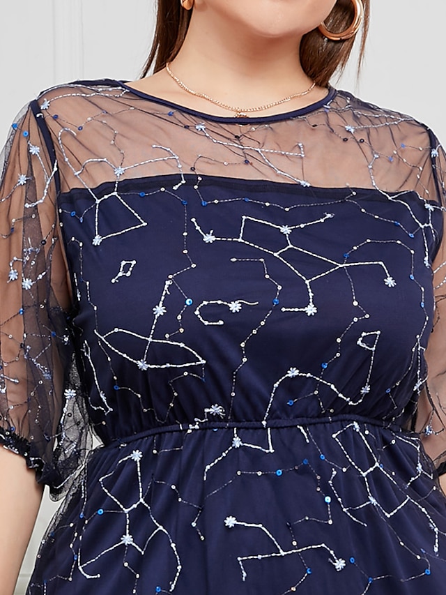 Womens Clothing Plus Size Collection | Womens Plus Size Party Dress Stars Round Neck Sequins Lantern Sleeve Short Sleeve Summer 