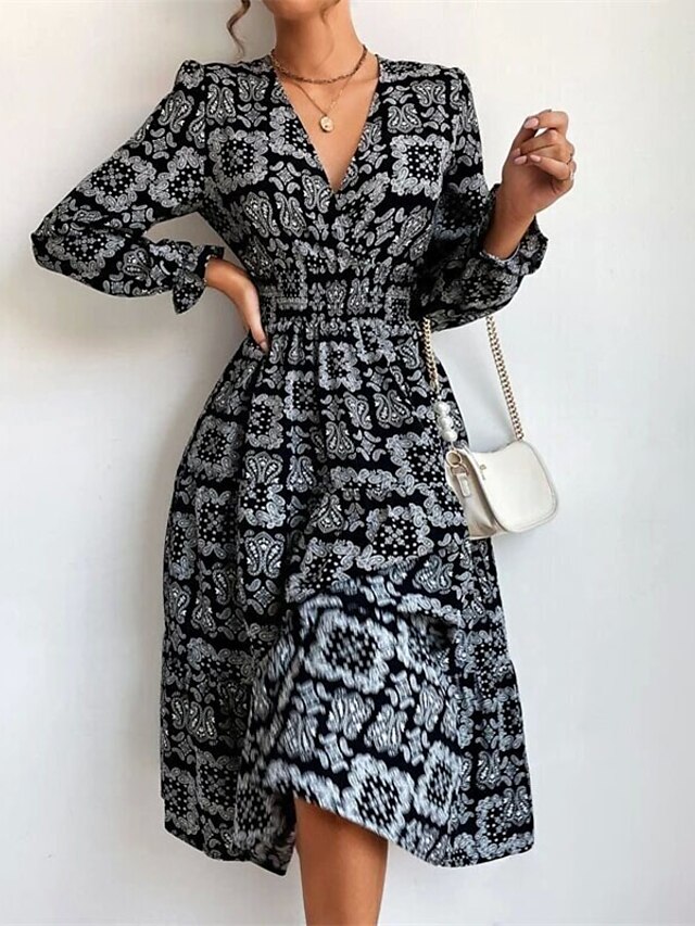 Womens Clothing Womens Dresses | Womens A Line Dress Midi Dress Blue White Black Long Sleeve Floral Geometric Print Fall Winter 