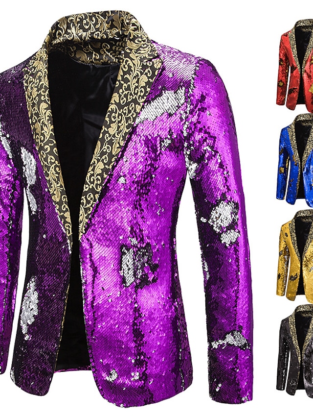 Mens Clothing Mens Outerwear | Mens Blazer Regular Sequins Pocket Coat Black Blue Purple Gold Red Casual Party Fall Single Breas