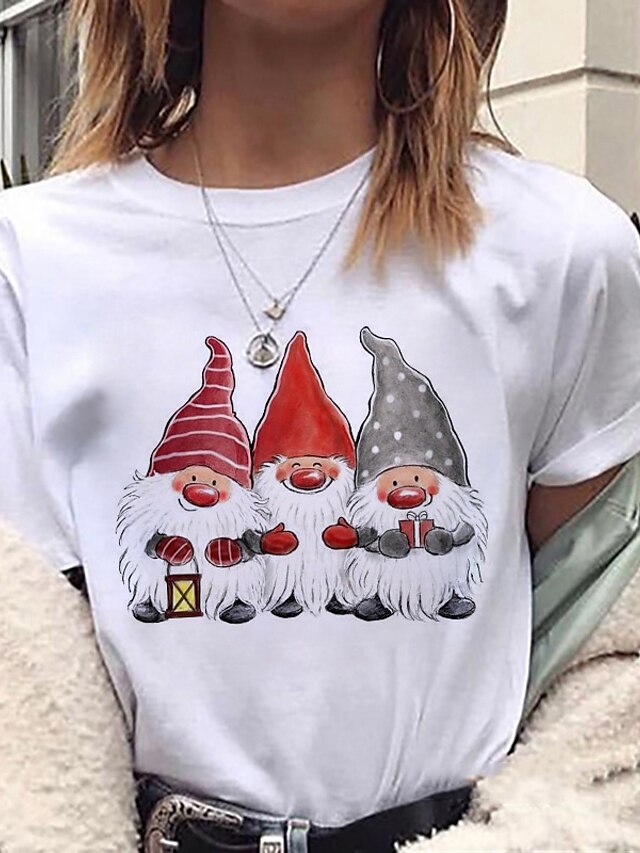 Womens Clothing Womens Tops | Womens Gift Casual Weekend Painting T shirt Tee Reindeer Santa Claus Snowman Short Sleeve Print Ro