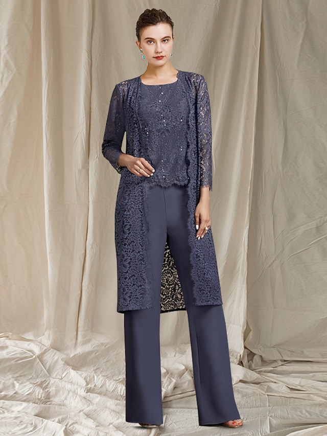  Pantsuit / Jumpsuit 3 Piece Suit Mother of the Bride Dress Elegant Jewel Neck Floor Length Chiffon Lace Sleeveless with Sequin 2022