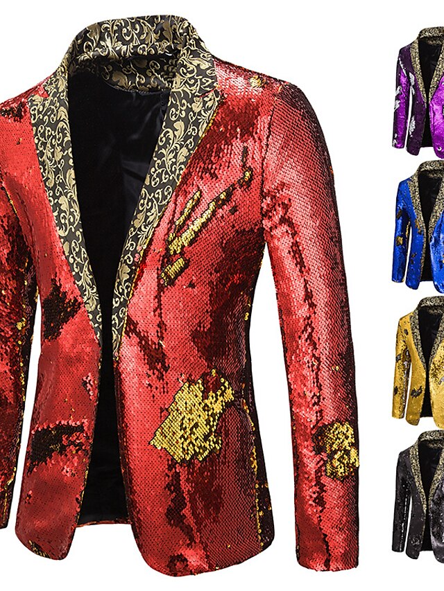 Mens Clothing Mens Outerwear | Mens Blazer Regular Sequins Pocket Coat Black Blue Purple Gold Red Casual Party Fall Single Breas