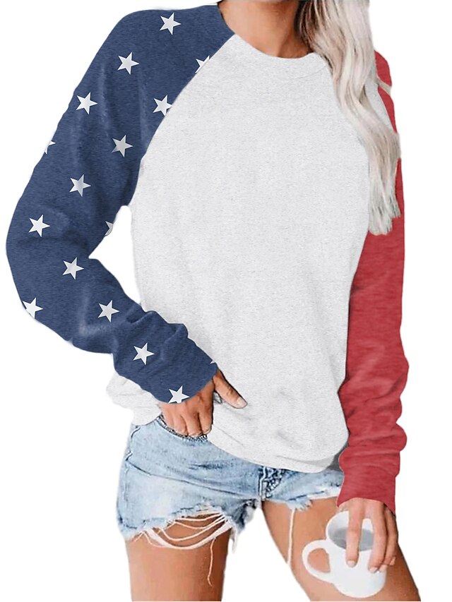 Womens Clothing Womens Tops | Womens Casual Daily Tunic T shirt Tee American US Flag Stars American Flag Long Sleeve Print Crew 