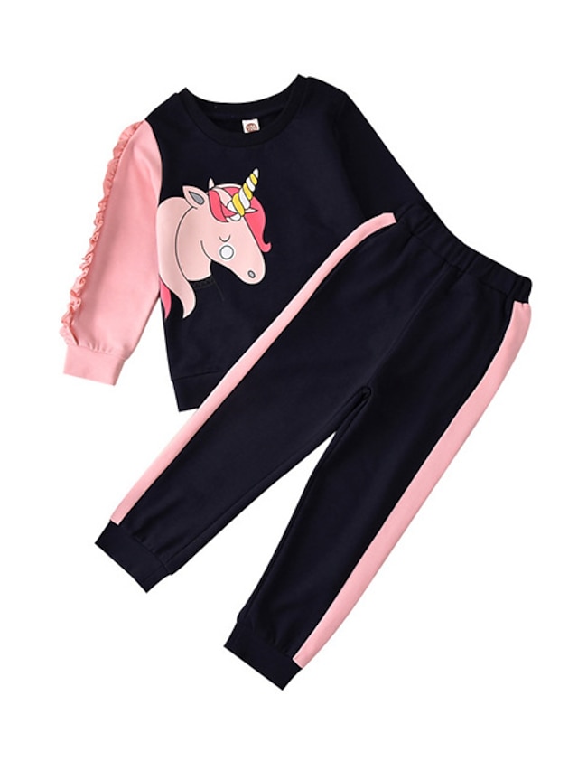 Baby & Kids Girls Clothing | Kids Girls Hoodie & Pants 2 Pieces Long Sleeve Black Gray Purple Cartoon Unicorn Ruched Patchwork C