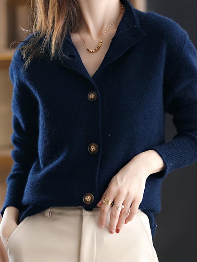 Women's Cardigan Sweater Stand Collar Knit Acrylic Button Knitted Fall ...