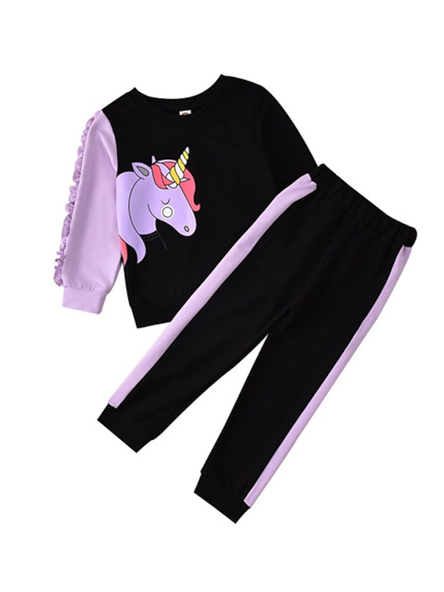 Baby & Kids Girls Clothing | Kids Girls Hoodie & Pants 2 Pieces Long Sleeve Black Gray Purple Cartoon Unicorn Ruched Patchwork C