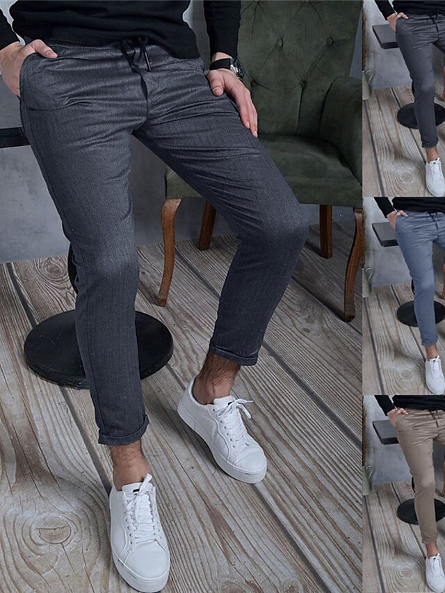 Mens Clothing Mens Bottoms | Mens Casual Trousers Chinos Pocket Full Length Pants Casual Daily Micro-elastic Solid Color Cotton 