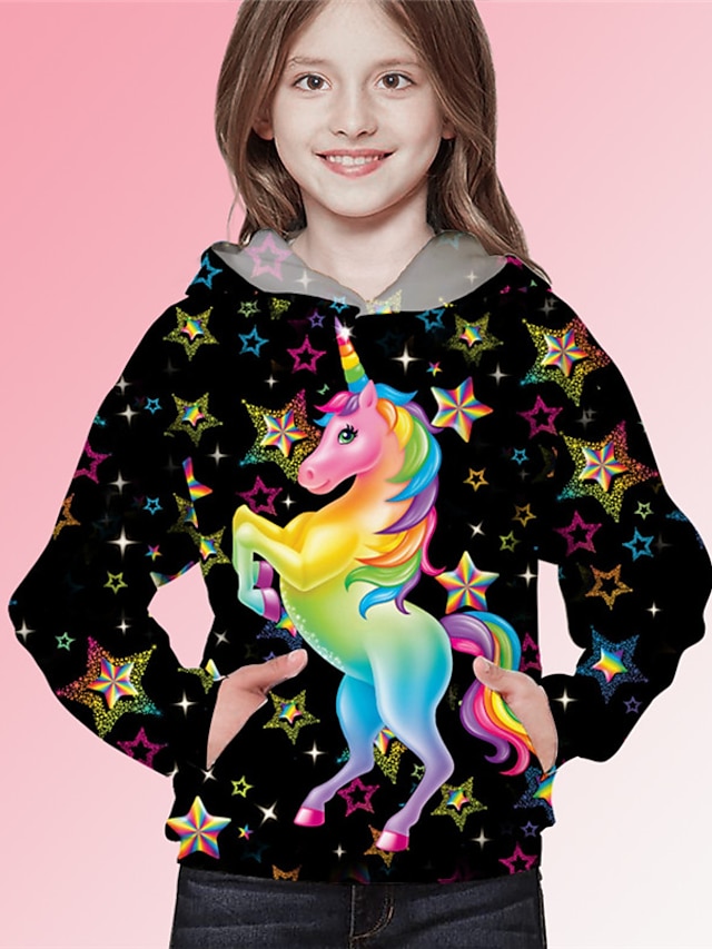  Kids Girls' Hoodie Long Sleeve Black 3D Print Unicorn Animal Pocket Daily Indoor Outdoor Active Fashion Daily Sports 3-12 Years