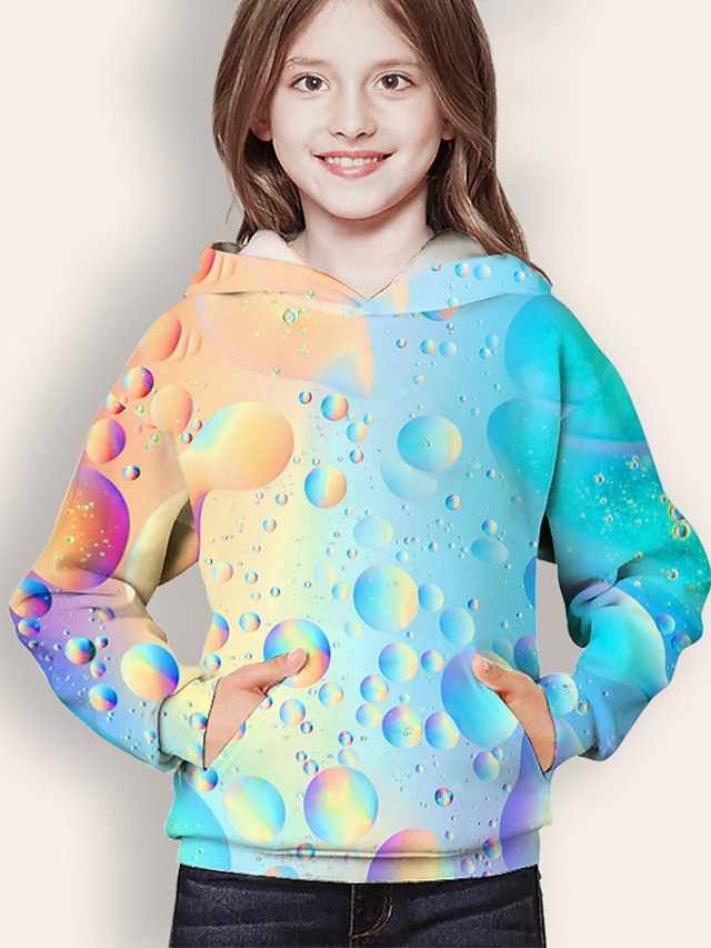 Baby & Kids Girls Clothing | Kids Girls Hoodie Long Sleeve Blue 3D Print Optical Illusion Pocket Daily Indoor Outdoor Active Fas