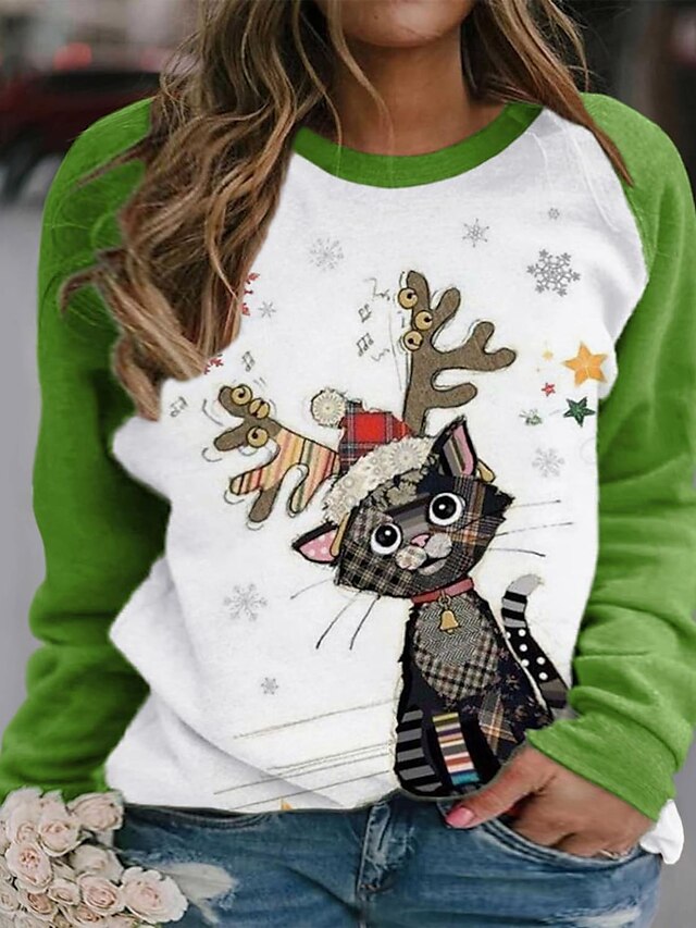 Womens Clothing Plus Size Collection | Womens Plus Size Tops Blouse Shirt Cat Deer Print Long Sleeve Crewneck Hoodie Streetwear 