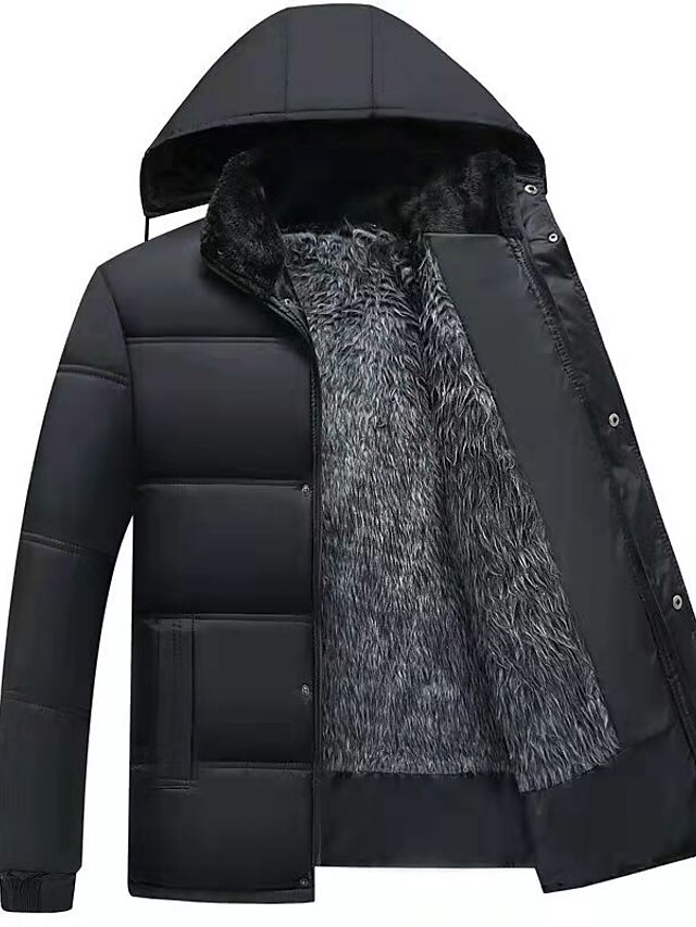  Men's Winter Jacket Parka Hoodied Jacket Winter Regular Solid Color Pocket Casual Daily Detachable Fleece Warm Yellow Black