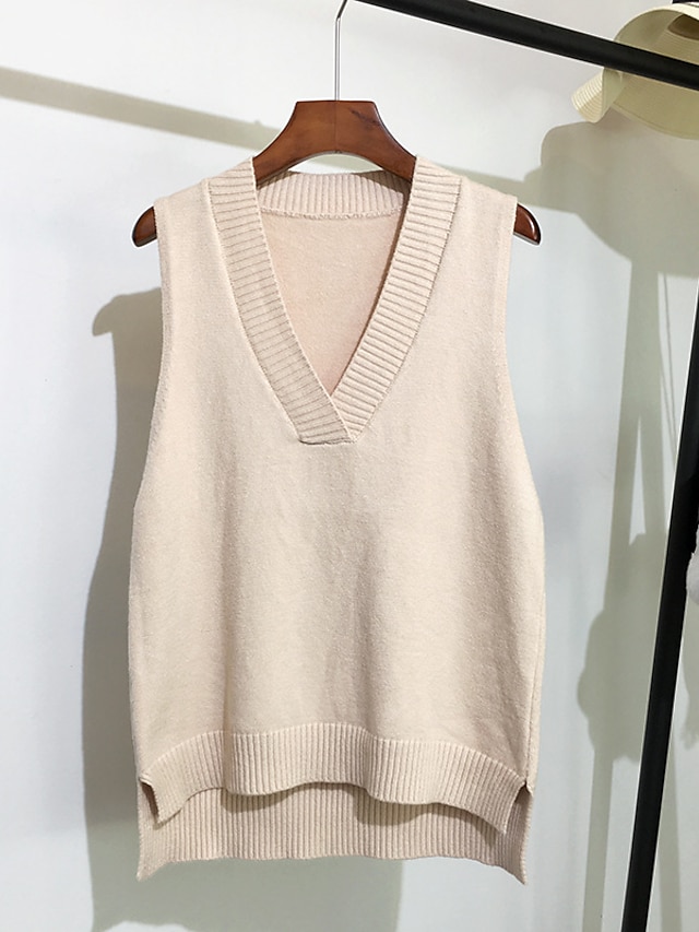  Women's Sweater Vest V Neck Knit Polyester Knitted Fall Winter School Daily Weekend Stylish Basic Casual Sleeveless Solid Color Black White Yellow One-Size