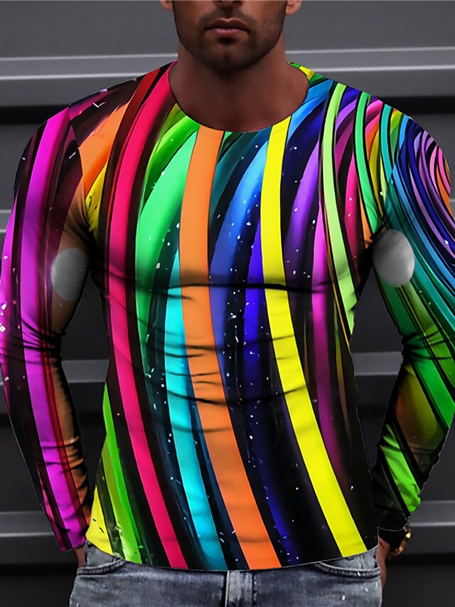  Herre Unisex T skjorte 3D-utskrift Stripet Grafiske trykk Crew-hals Daglig Ferie Trykt mønster Langermet Topper Fritid Designer Stor og høy Regnbue