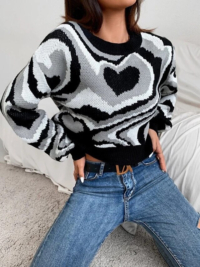 Womens Clothing Sweaters & Cardigans | Womens Sweater Pullover Jumper Knitted LOVE Heart Valentines Day Geometric Stylish Basic 