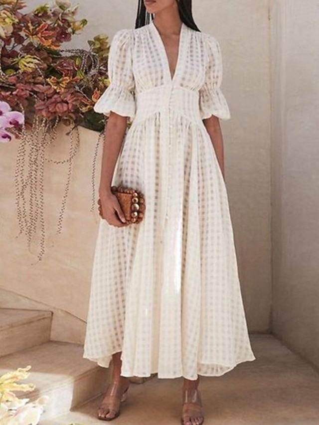 Womens Clothing Womens Dresses | Womens A Line Dress Maxi long Dress White Half Sleeve Solid Color Ruched Fall Summer V Neck Sty