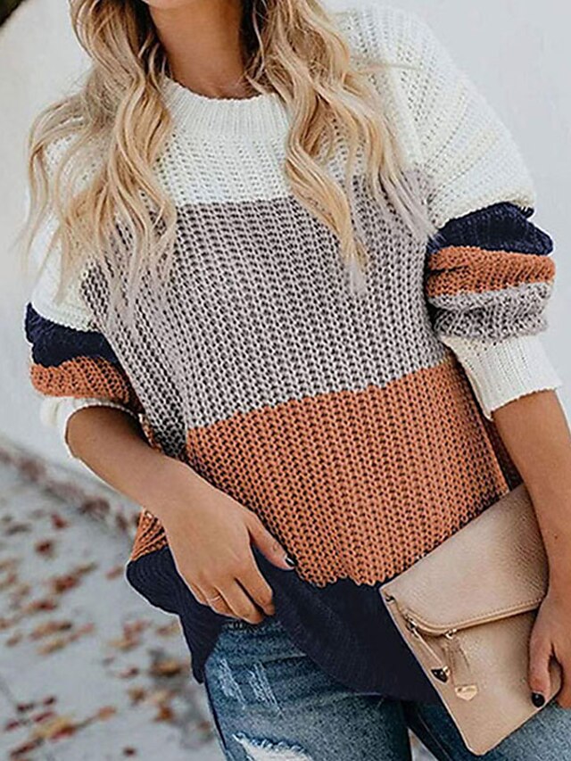 Womens Clothing Sweaters & Cardigans | Womens Pullover Sweater Jumper crochet Knit Knitted Striped Crew Neck Stylish Casual Dail