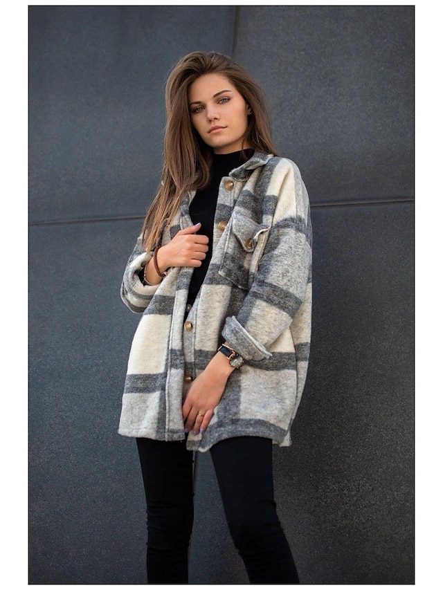 Womens Clothing Womens Outerwear | Womens Coat Daily Fall Winter Regular Coat Regular Fit Warm Casual Jacket Long Sleeve Plaid /