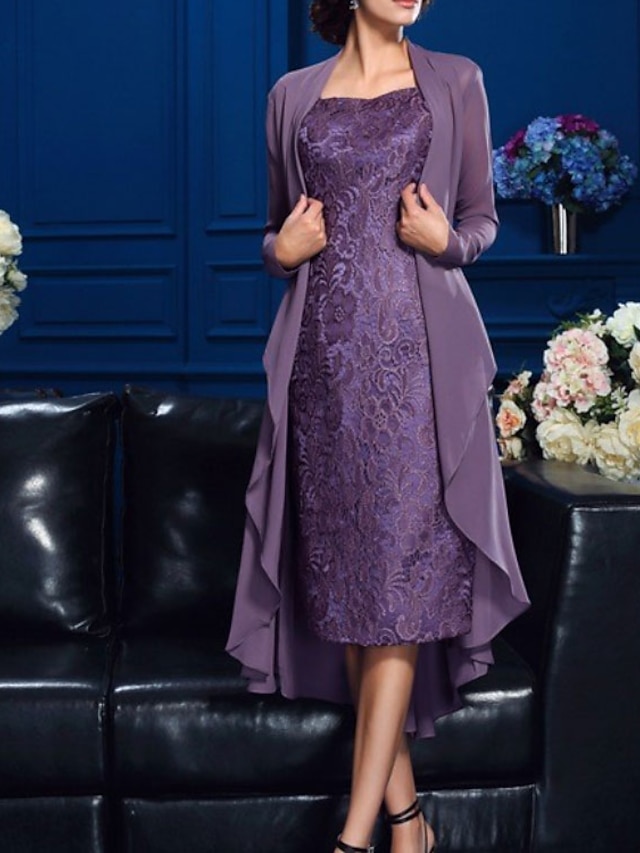 Square Neck Knee Length Lace Two Piece Sheath Mother of Bride Dress